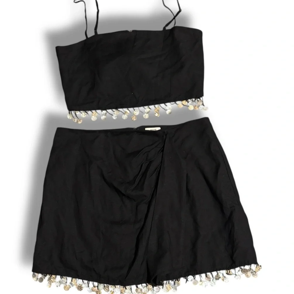 Jason Wu linen blend 2 piece tank skirt set coastal boho‎ festival beaded fringe